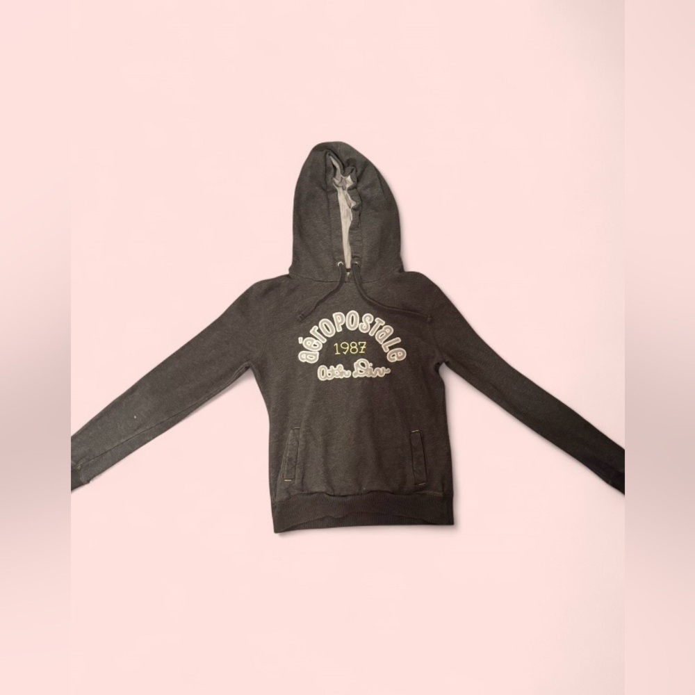 Vintage Y2K Aeropostale Hoodie Gray Logo Pullover Size Medium - Picture 7 of 9
